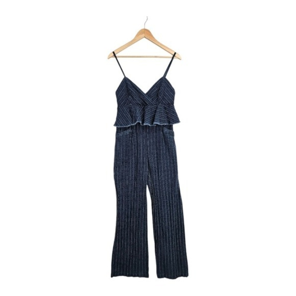 Ett twa Anthropologie Blue Jumpsuit S Peplum Pinstripe Wide Leg Boho Coastal